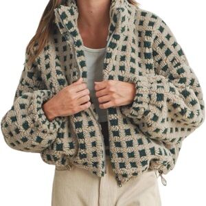 Chic Checkered Bomber Jacket in Cream and Green